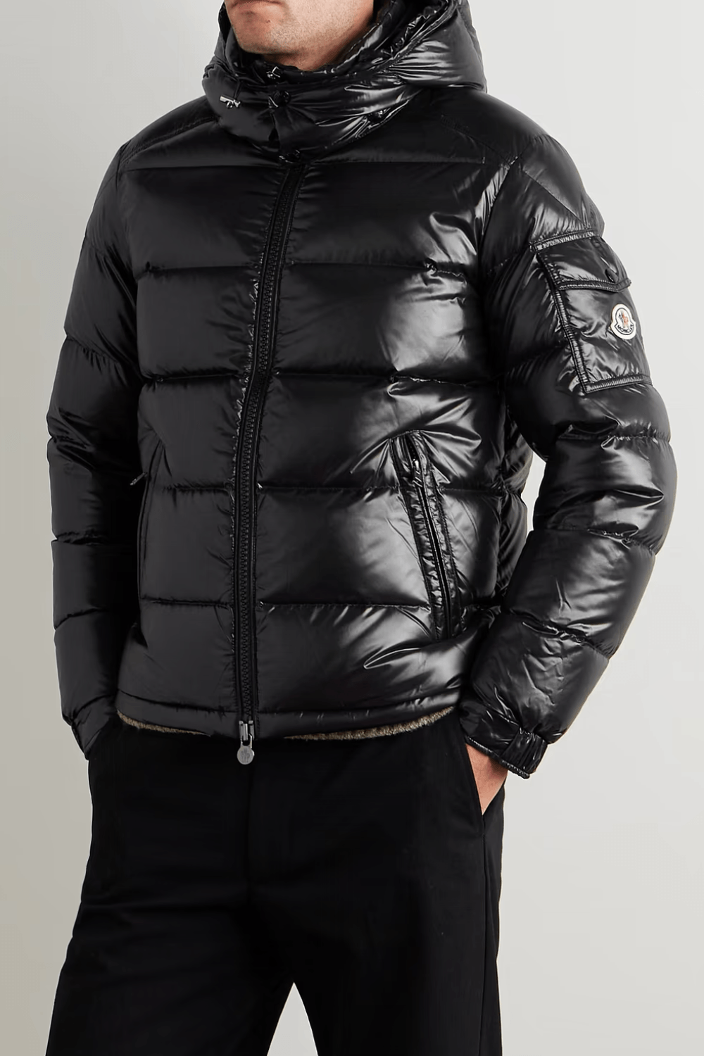 Man Wearing Moncler Maya Hooded Short Down Jacket in Black
