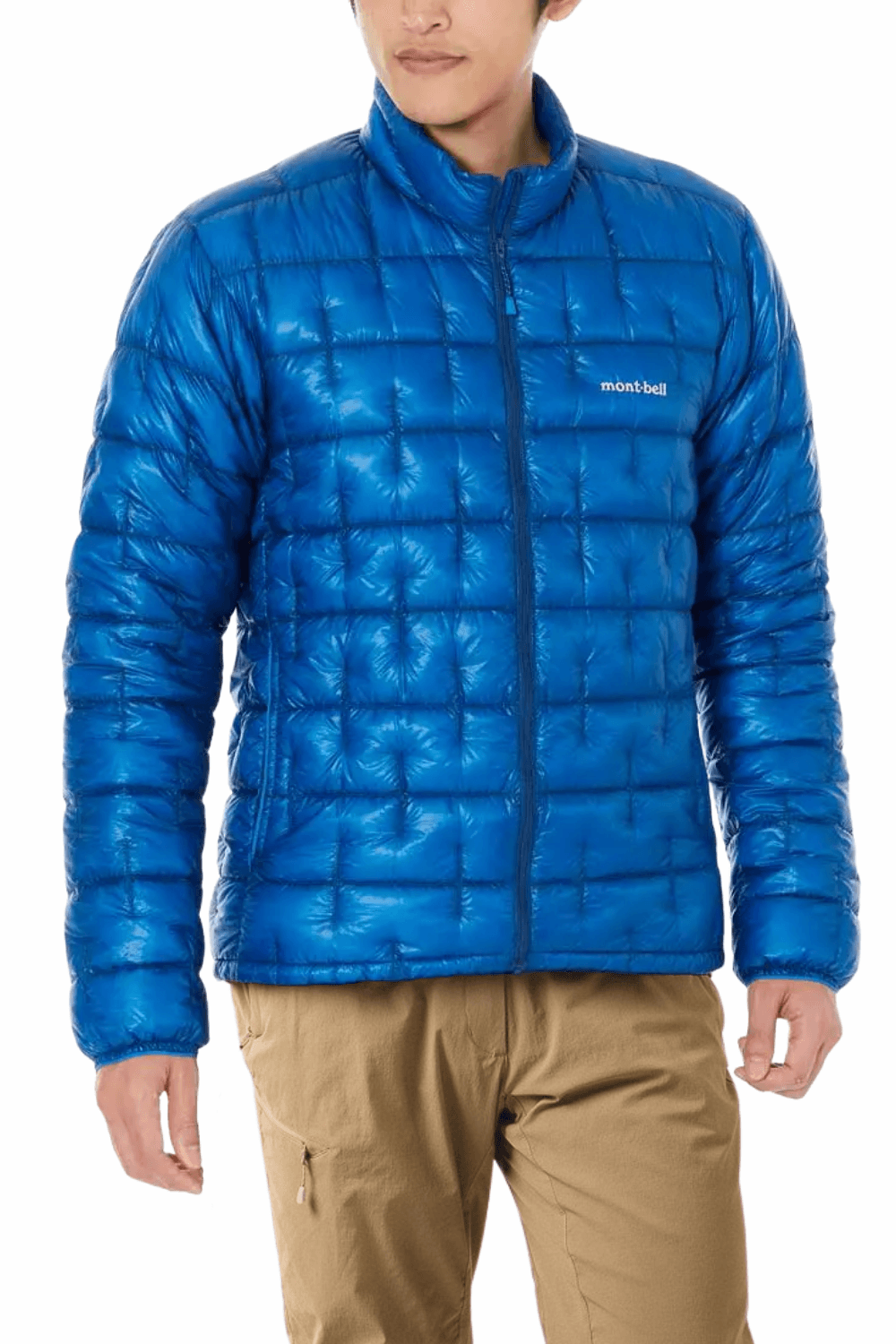 Man Wearing Montbell Men's Plasma 1000 Down Jacket in Blue