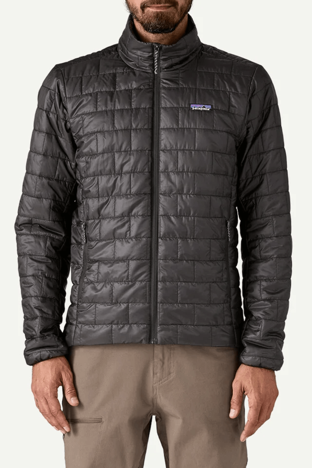 Man Wearing Patagonia Nano Puff Packable Insulated Jacket in Dark Brown