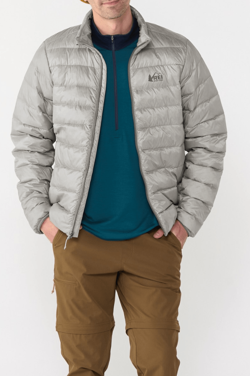 Man Wearing REI Co-op 650 Down Jacket in Light Gray