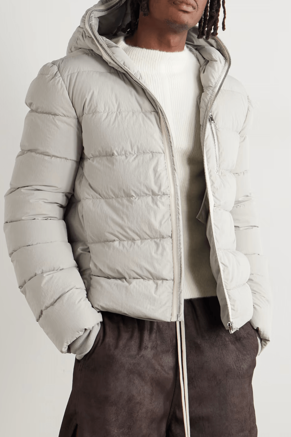 Man Wearing RICK OWENS Quilted Shell Hooded Down Jacket in Light Gray