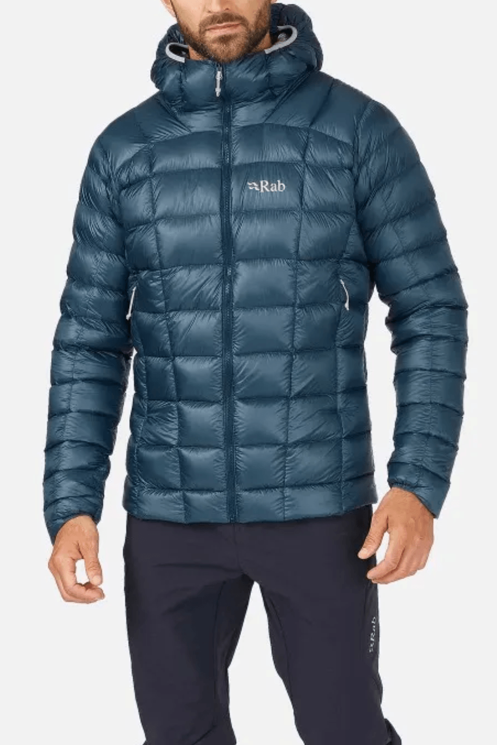 Man Wearing Rab Men's Mythic G Down Jacket in Blue