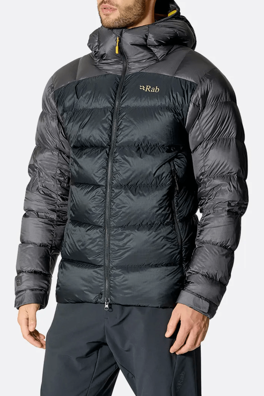 Man Wearing Rab Neutrino Pro Down Jacket in Black_Graphene