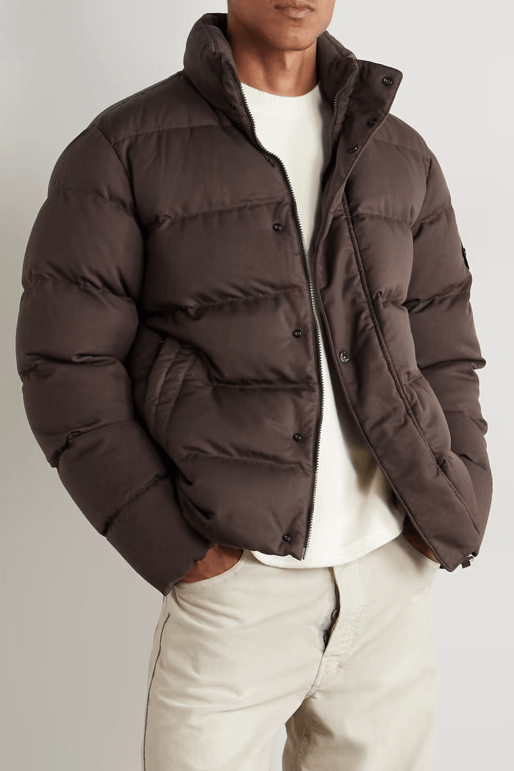 Man Wearing STONE ISLAND Ghost Garment-Dyed Quilted Virgin Wool-Twill Down Jacket in Brown
