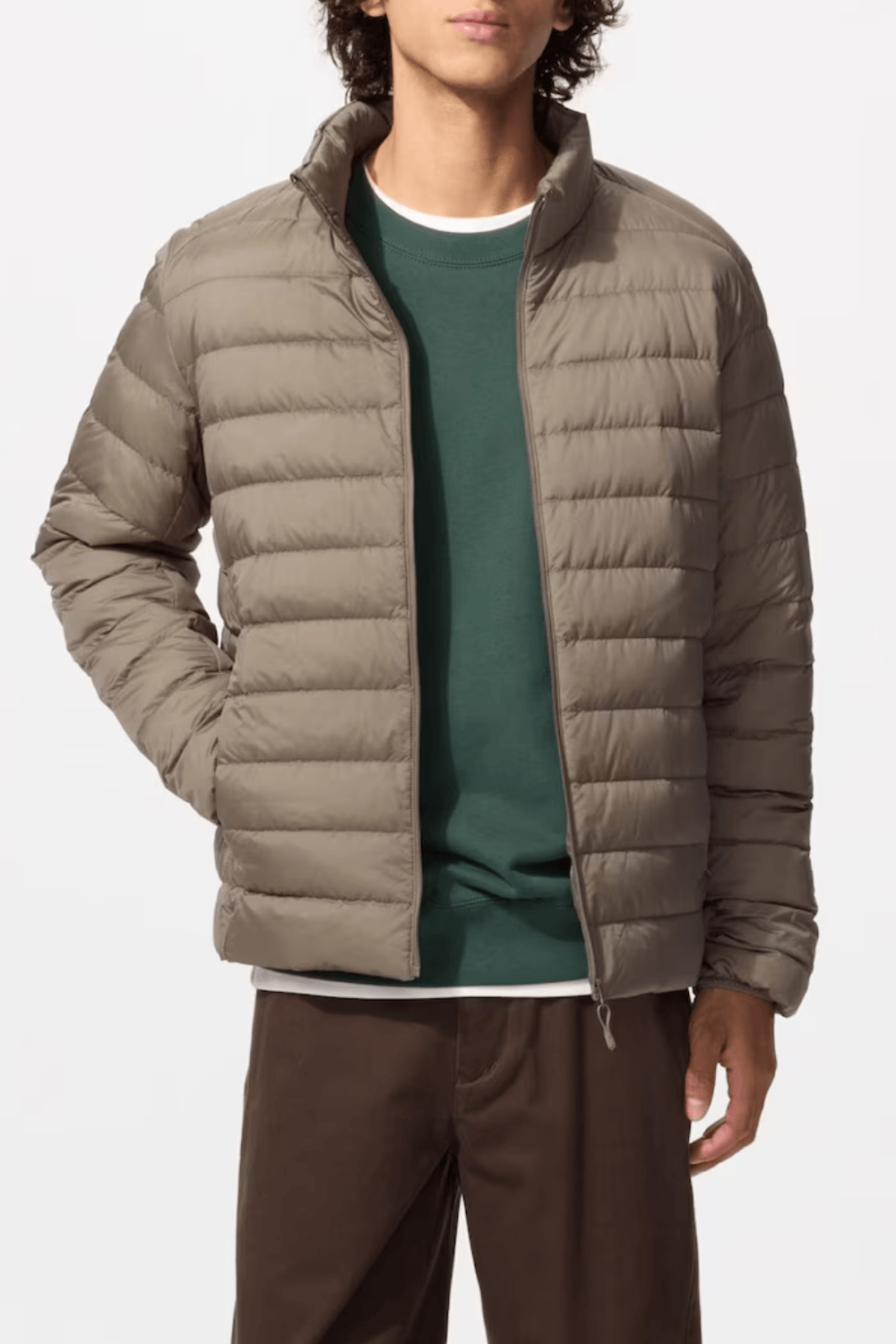 Man Wearing Uniqlo Ultra Light Down Jacket in Light Brown