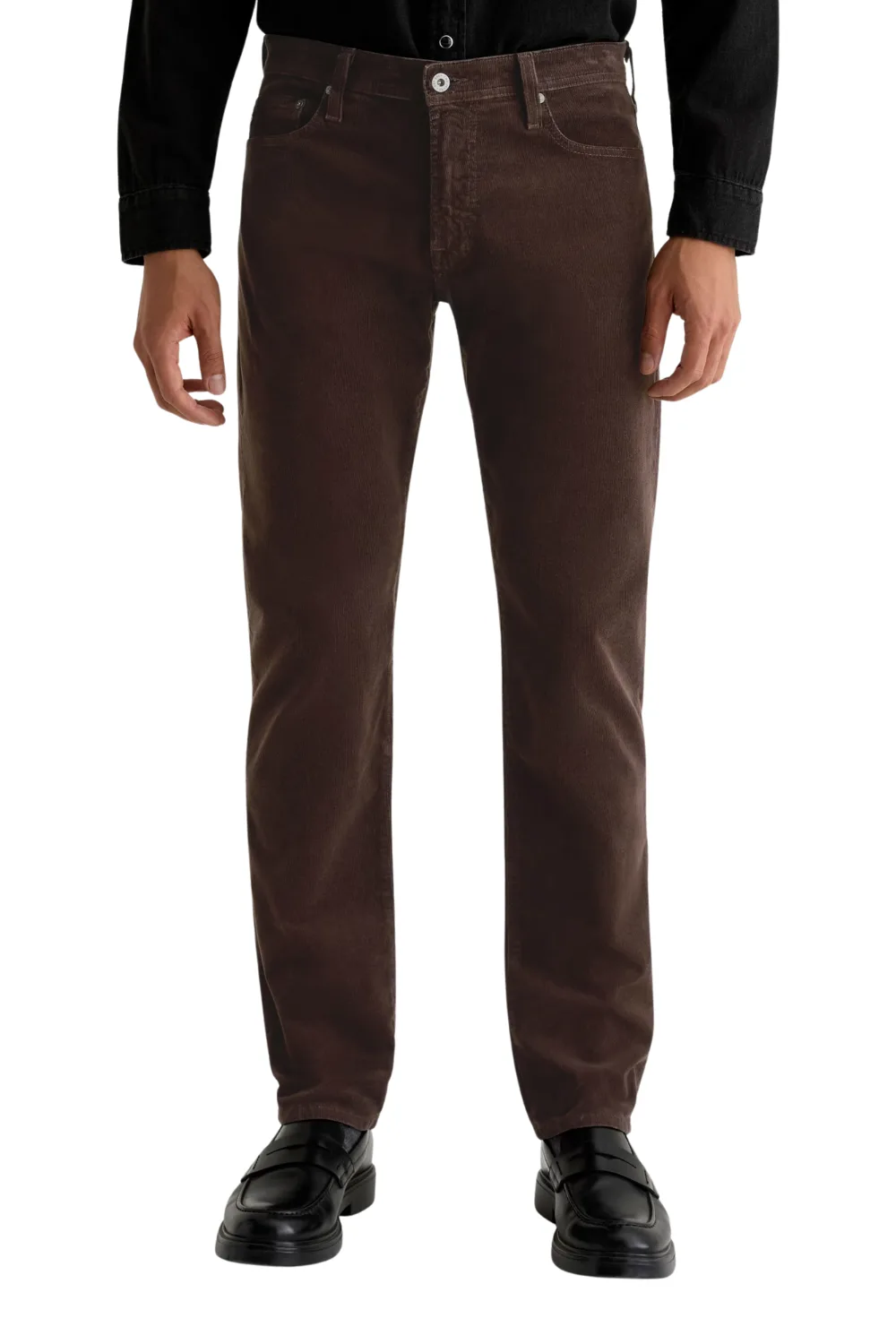 Man Wearing AG Tellis Slim Fit Corduroy Pants in Drak Brown