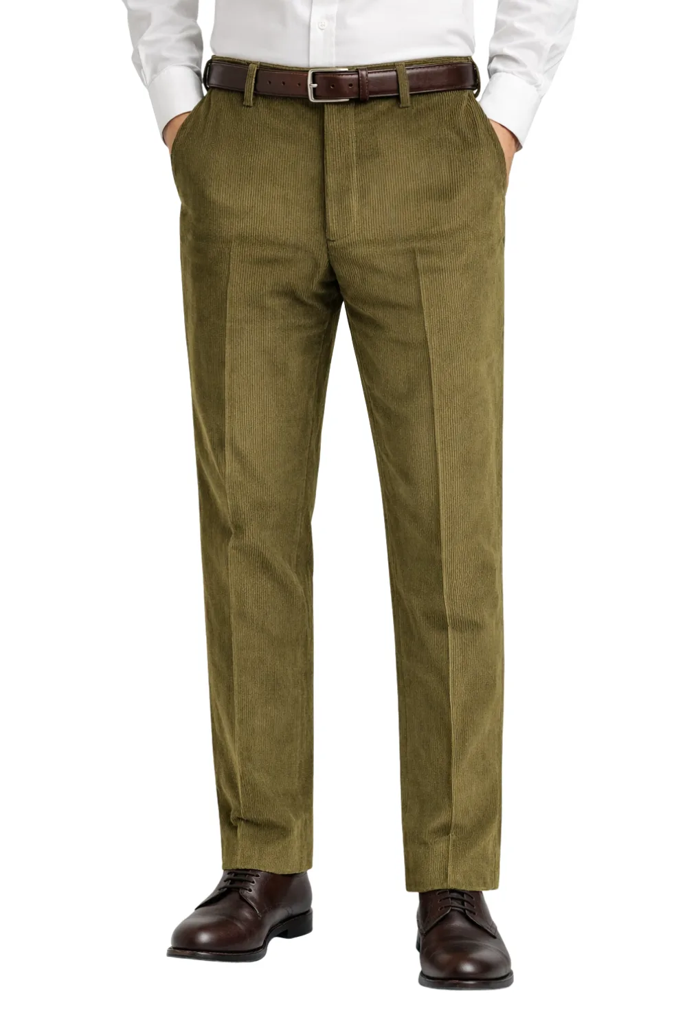 Man Wearing Cordings Corduroy Trousers in Moss Green
