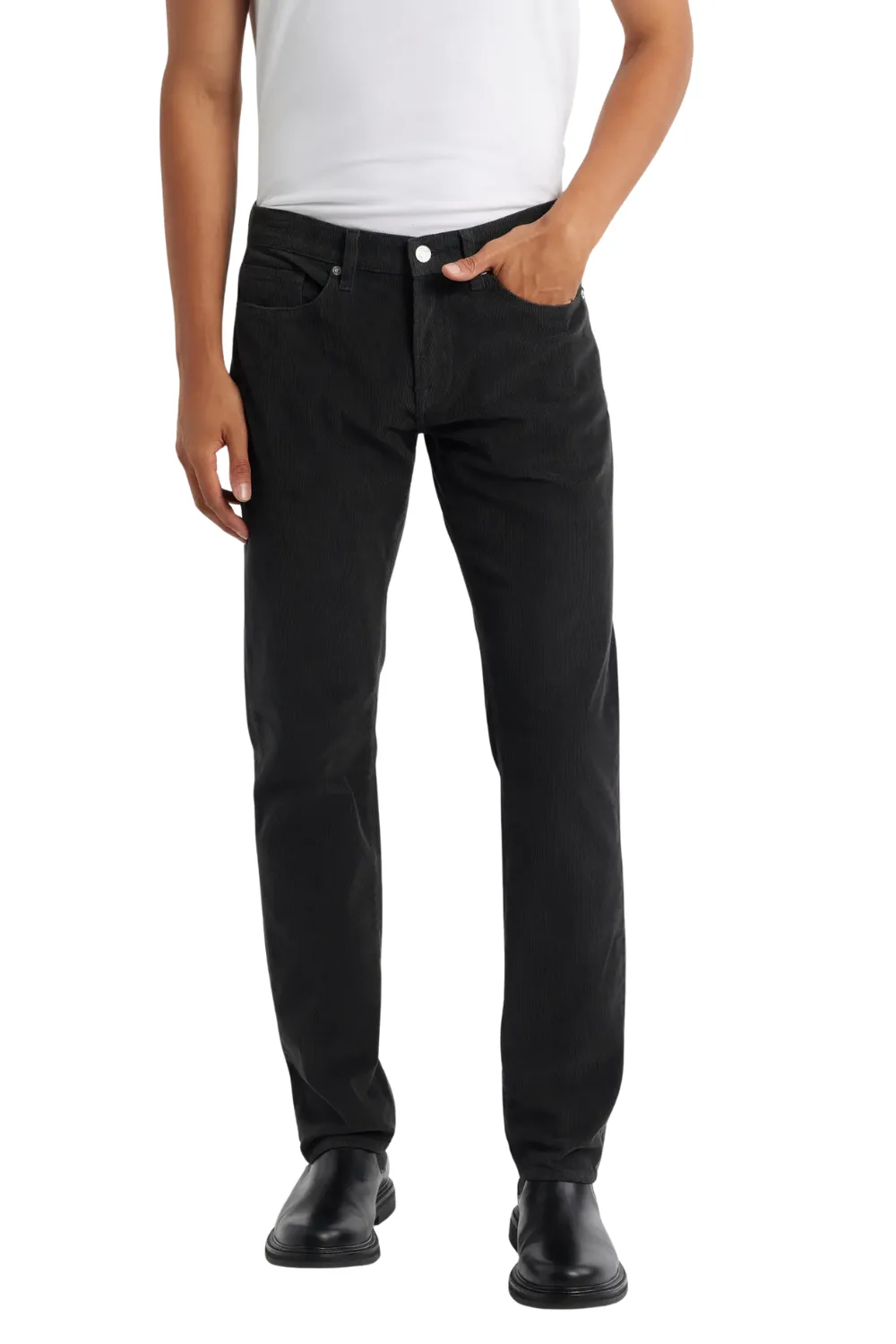 Man Wearing FRAME L'Homme Corduroy Slim Jeans in Black