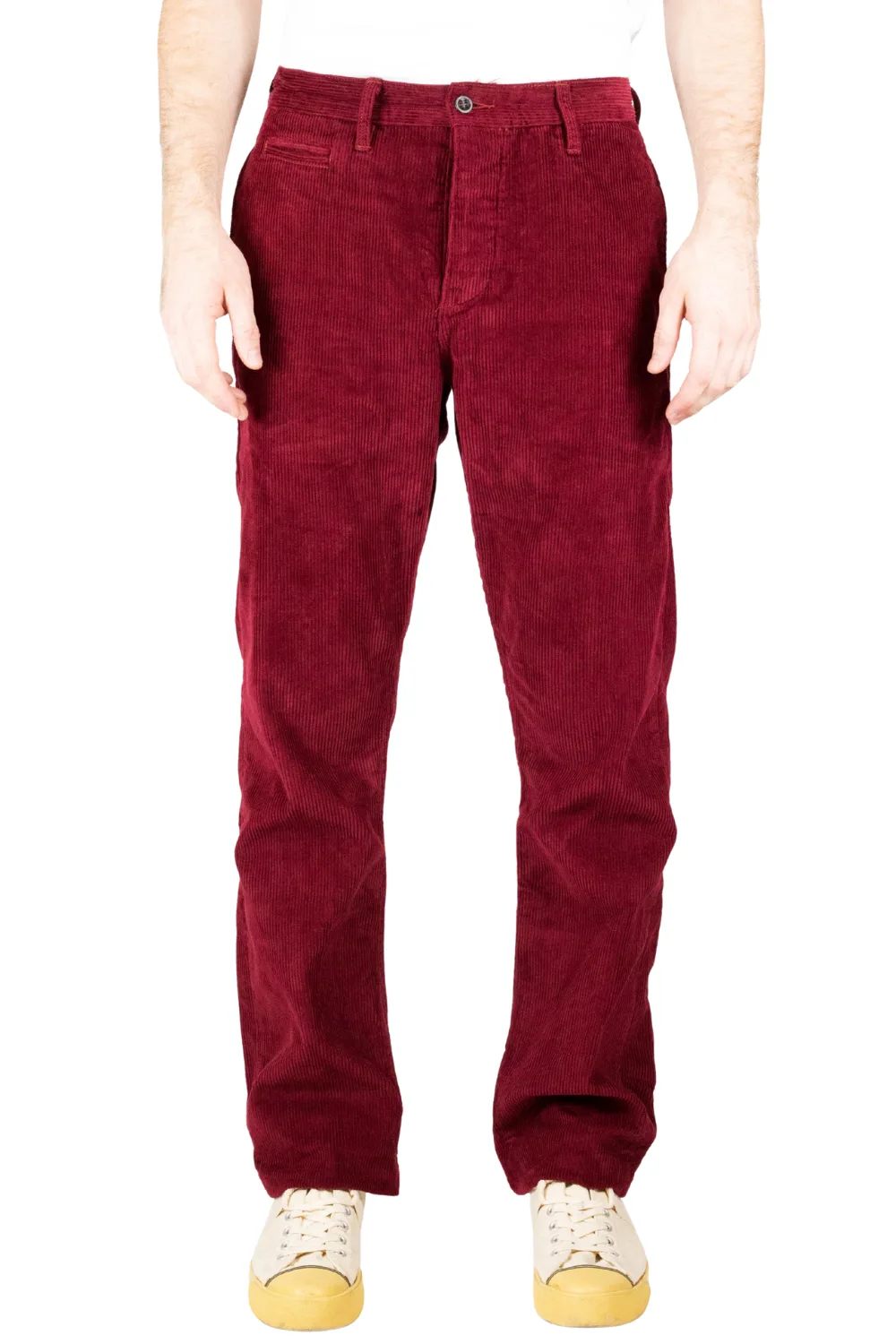 Man wearing Left Field NYC Japanese 8 wale Corduroy Miners in Red