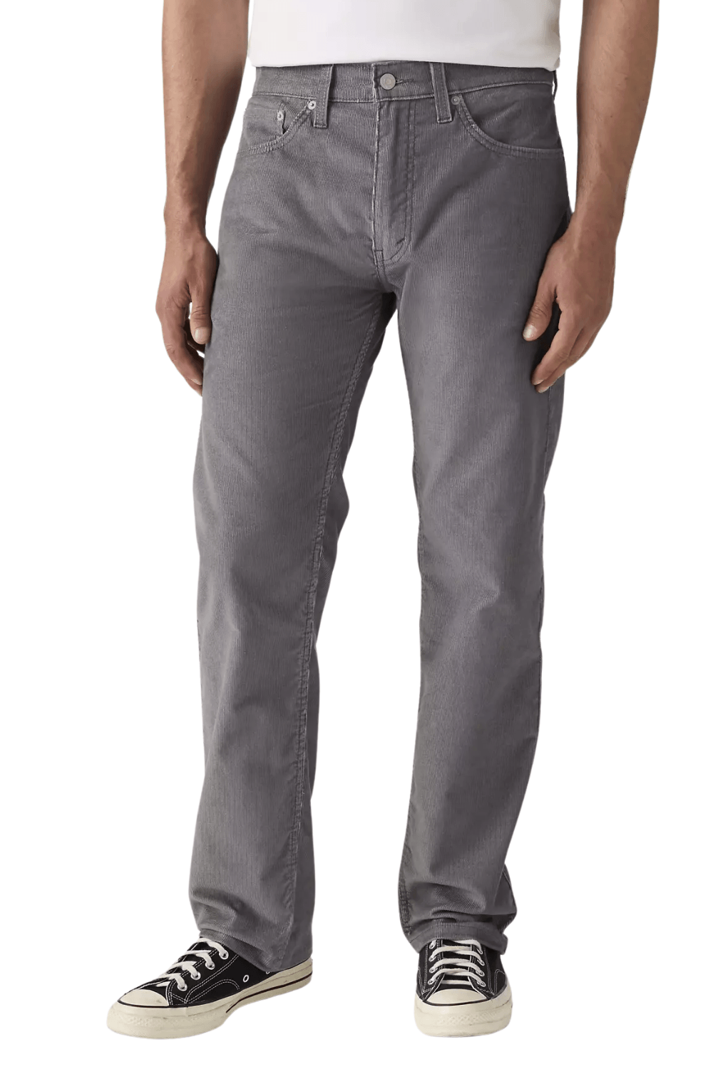 Man Wearing Levi's Men's 505 Regular Fit Corduroy Pants in Gray