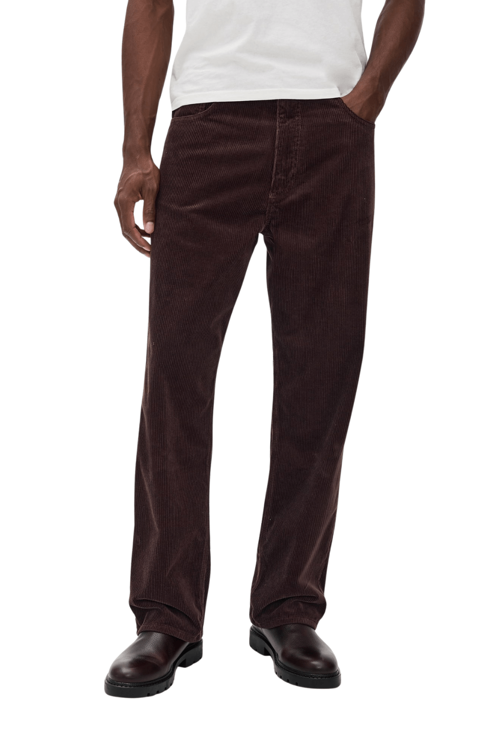 Man Wearing Norse Projects Mogens Relaxed 5 Pocket Wide Wale Corduroy in dark Brown