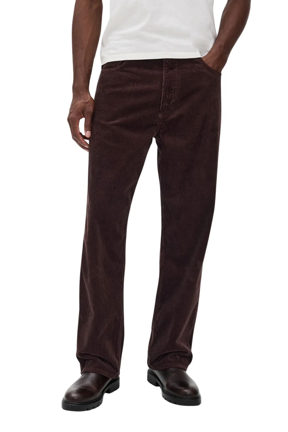 Man Wearing Norse Projects Mogens Relaxed 5 Pocket Wide Wale Corduroy in dark Brown