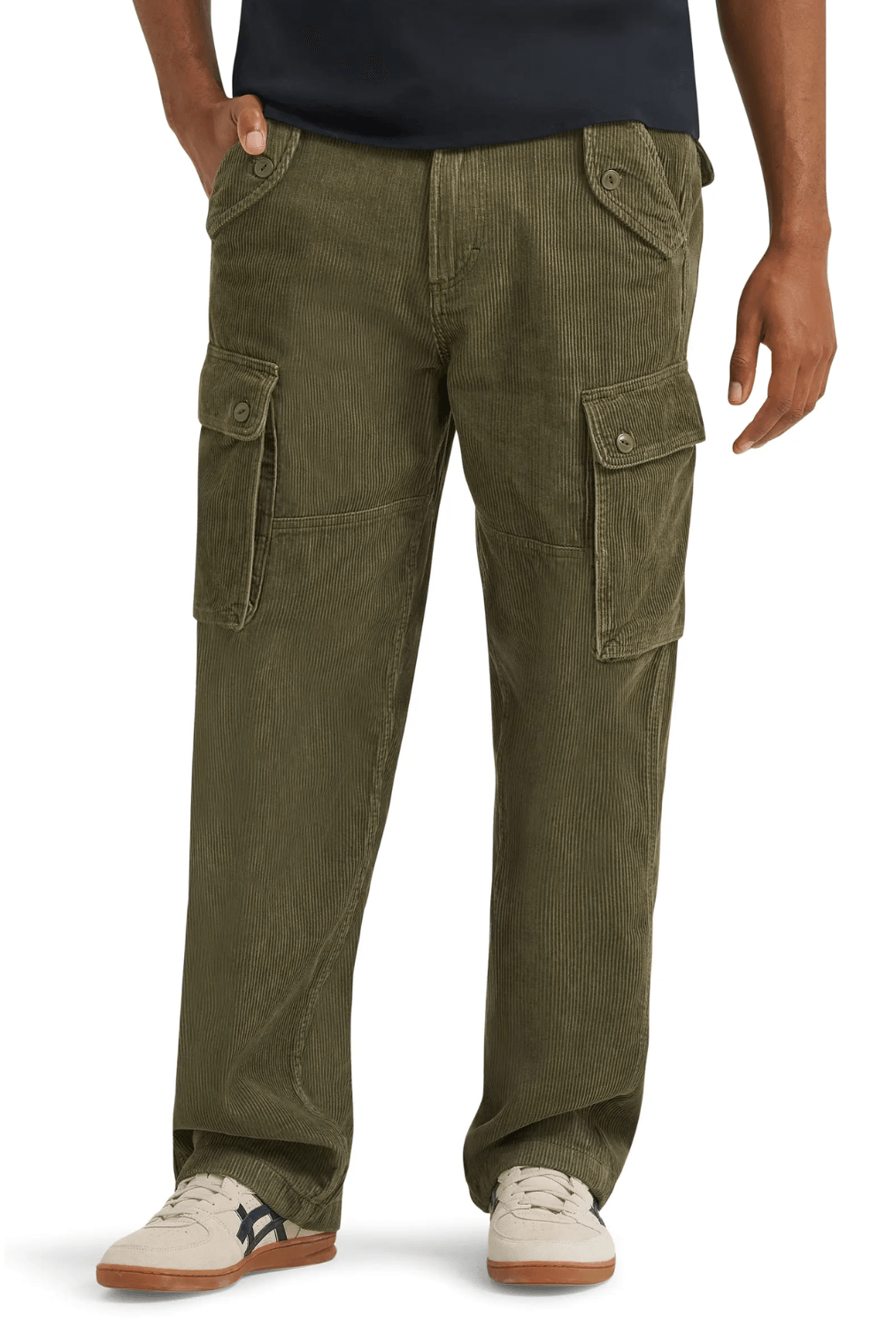 Man Wearing Wrangler Casey Jones Cotton Corduroy Cargo Pants in Green