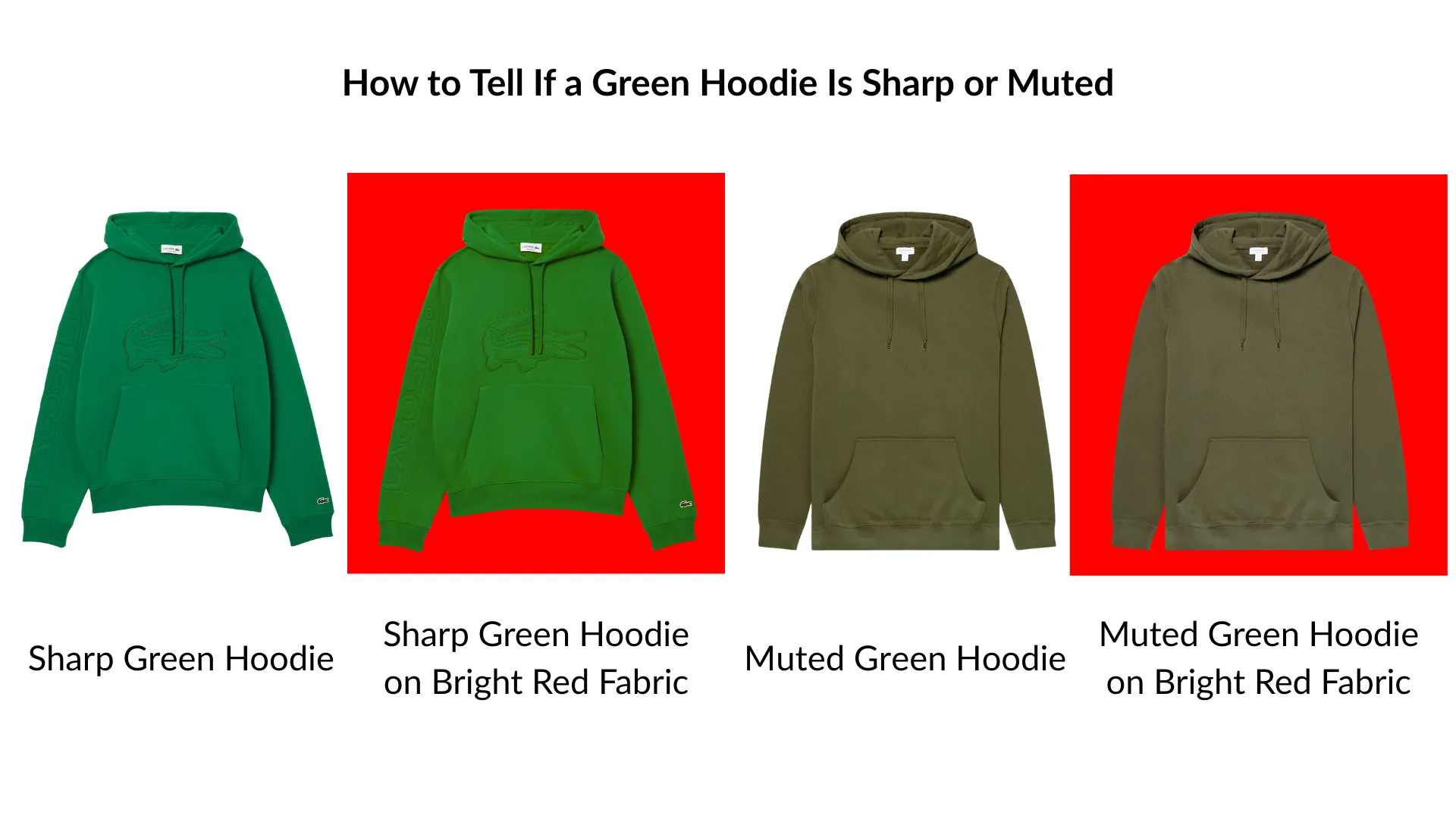 Side-by-side comparison of a sharp green hoodie and a muted green hoodie in natural daylight