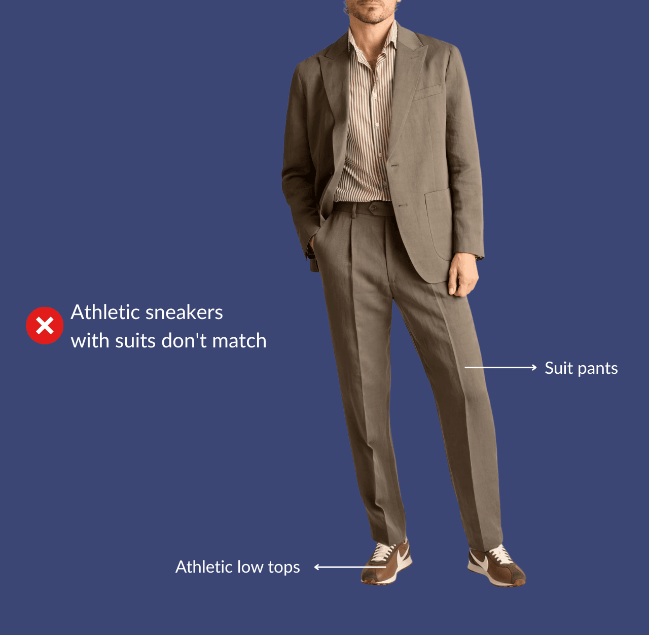 Man in a brown unstructured suit and tan athletic sneakers with a hand in pockets, standing casually.