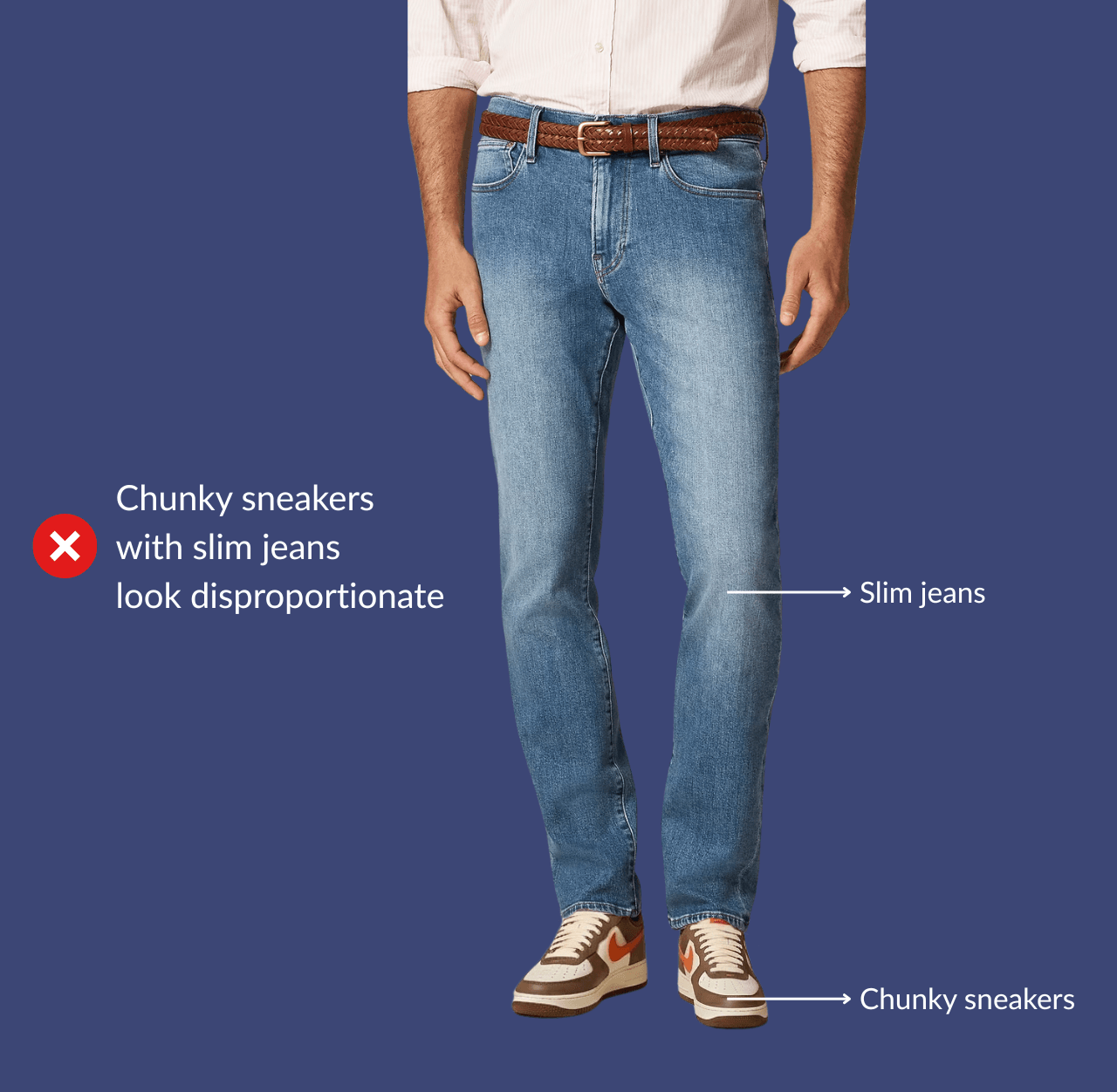 Man wearing uncuffed blue slim-fit jeans and brown chunky sneakers, standing casually with arms relaxed at his sides.