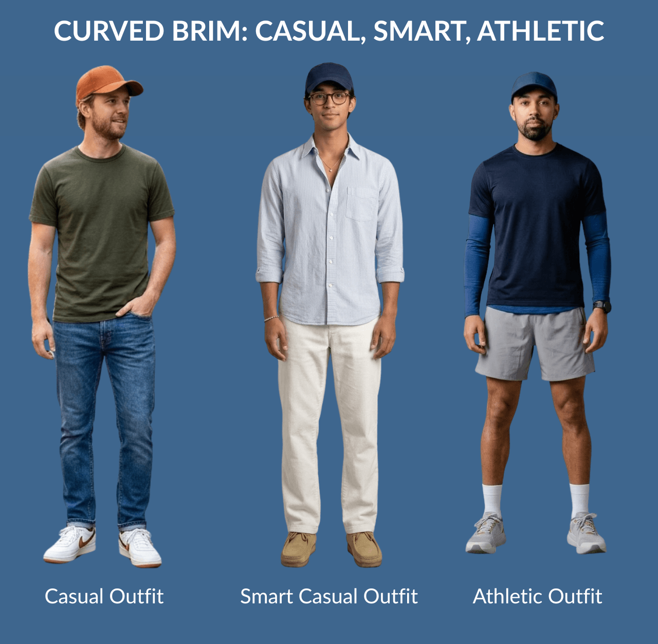Curved Brim is Best for Casual, Smart, Athletic settings