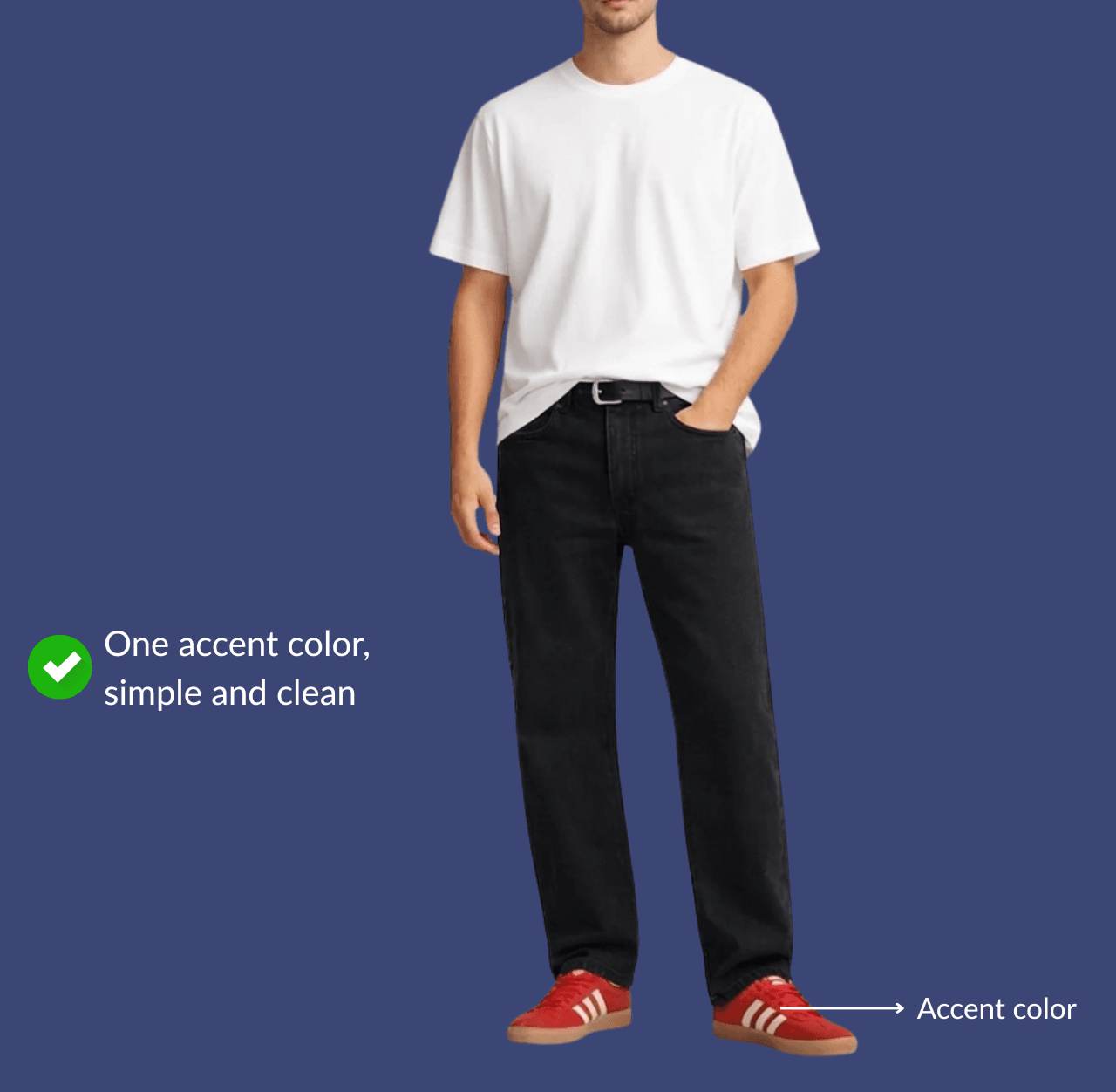 Man wearing a white, tee, black jeans, red sneakers, standing casually with a hand in his pocket.