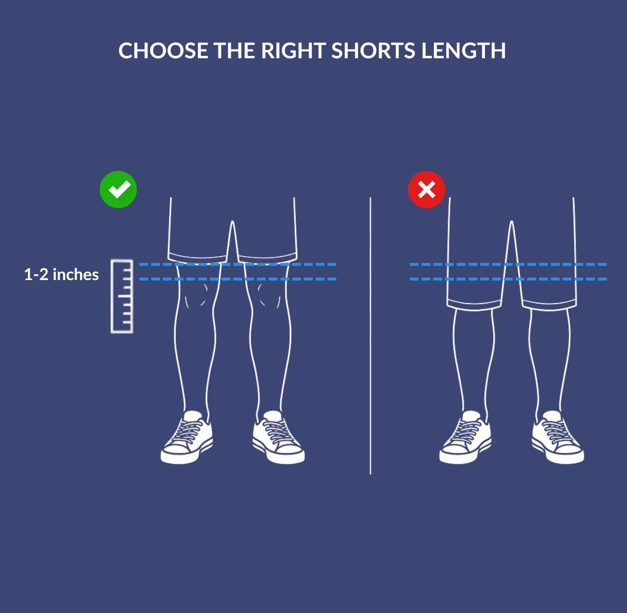 Men’s shorts length ending 1–2 inches above the knee with low top sneakers