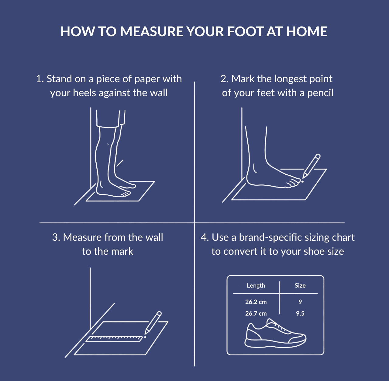 Measuring foot length and using a shoe size chart to find the right sneaker size