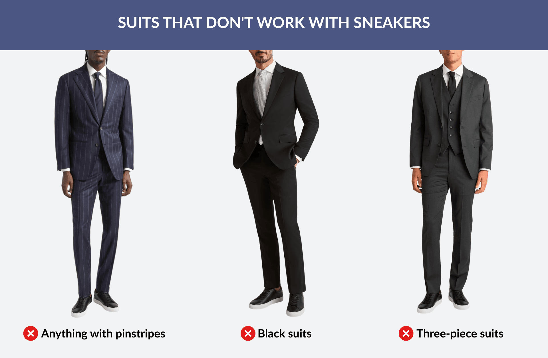 Side-by-side images of three men wearing a pinstripe suit, a black suit, and a three-piece suit.