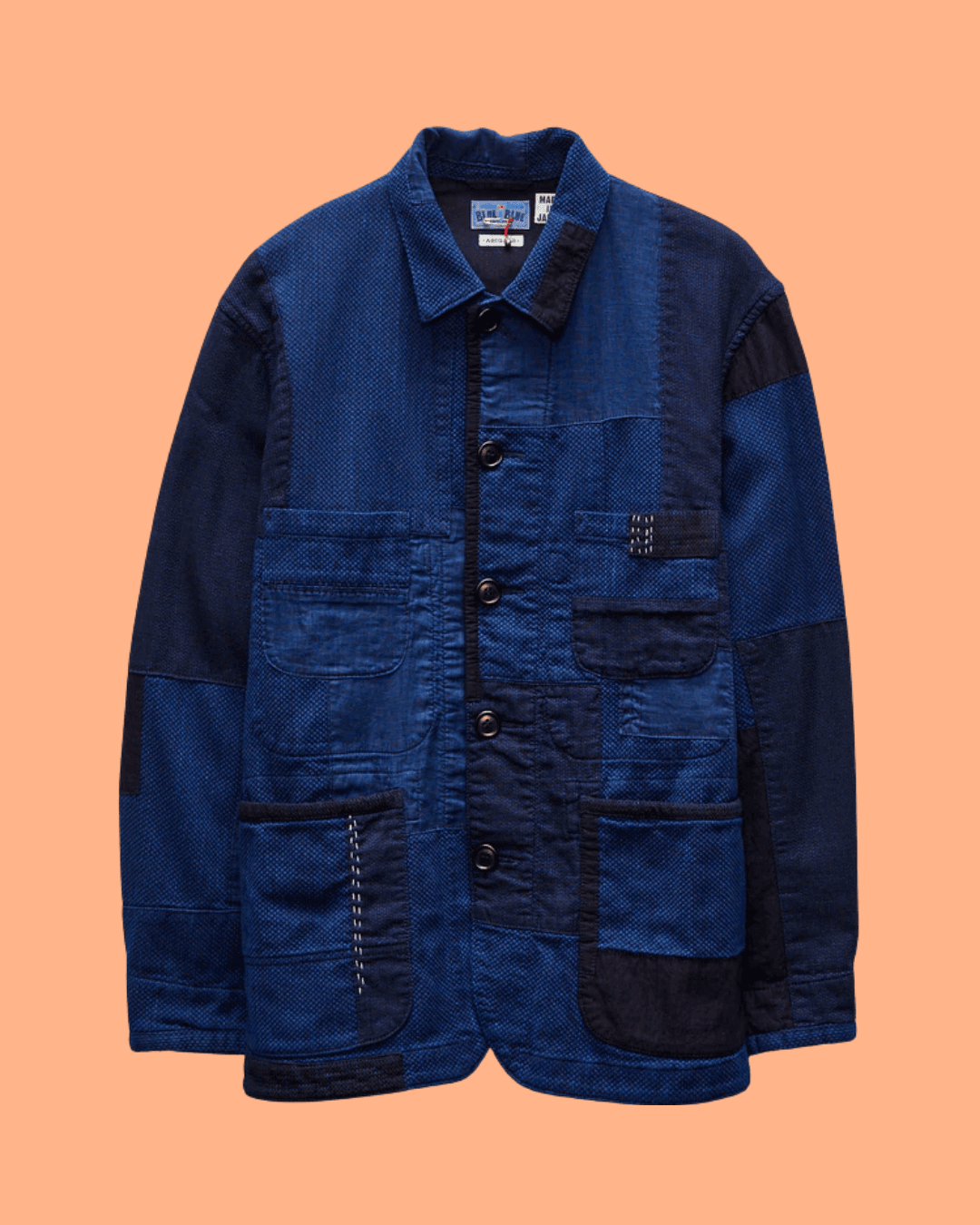 Blue Blue Japan Kasezome Sashiko Nenrin Coverall Jacket in Patchwork Indigo