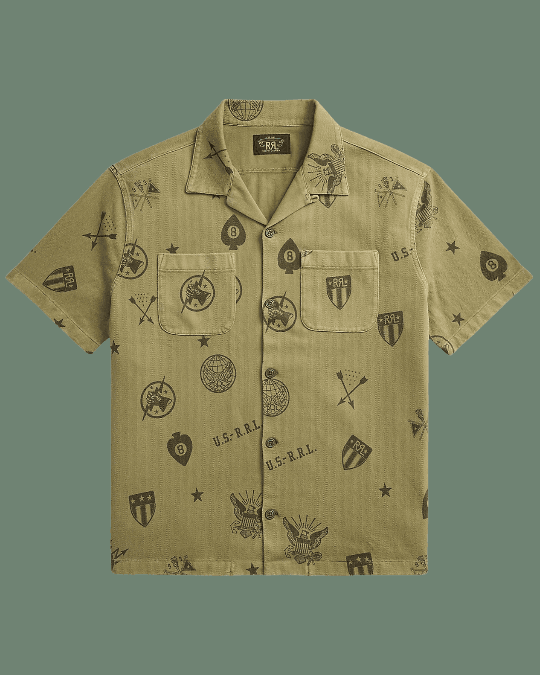 RRL Knit Herringbone Twill Camp Shirt in Green Print