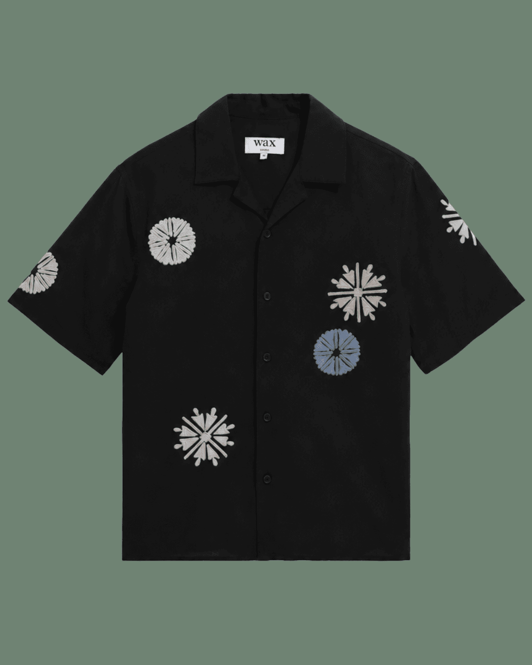 Wax London Didcot Short-Sleeve Camp Shirt in Black and Multicolour Round Applique
