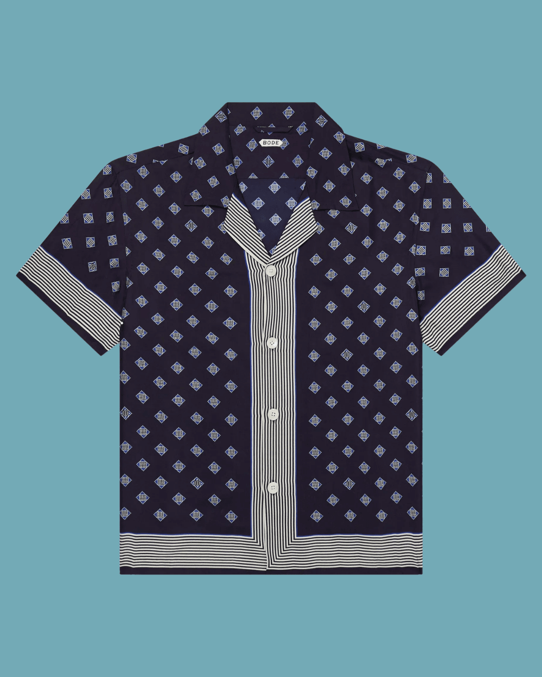 BODE Camp-Collar Printed Silk-Voile Shirt in Navy