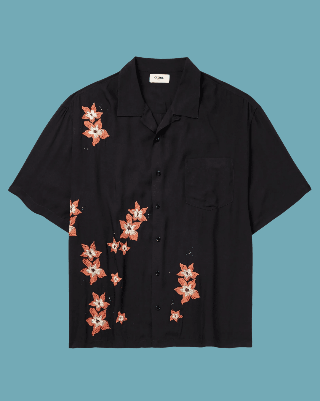 CELINE Camp-Collar Crystal-Embellished Embroidered Satin Shirt