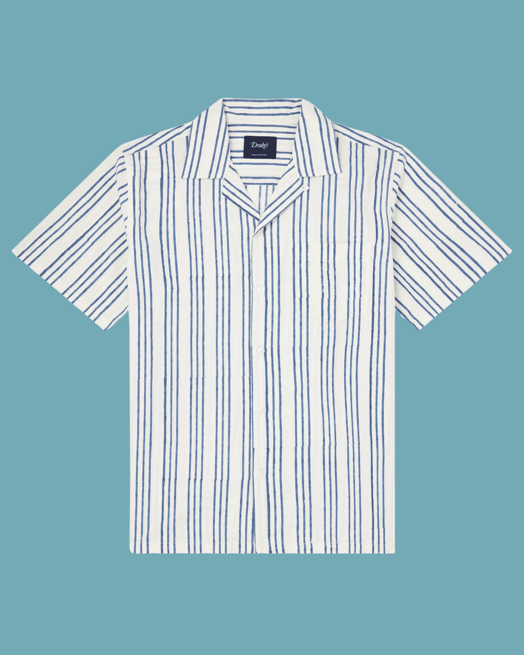 DRAKE'S Camp-Collar Striped Cotton-Poplin Shirt in Blue