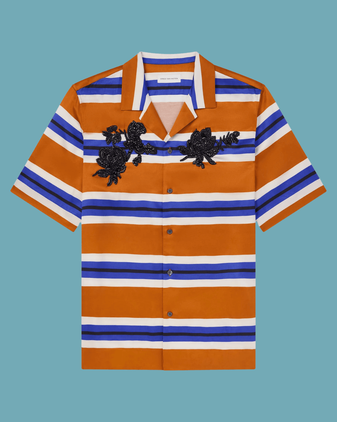 Dries Van Noten Carltone Camp-Collar Striped Embellished Satin Shirt