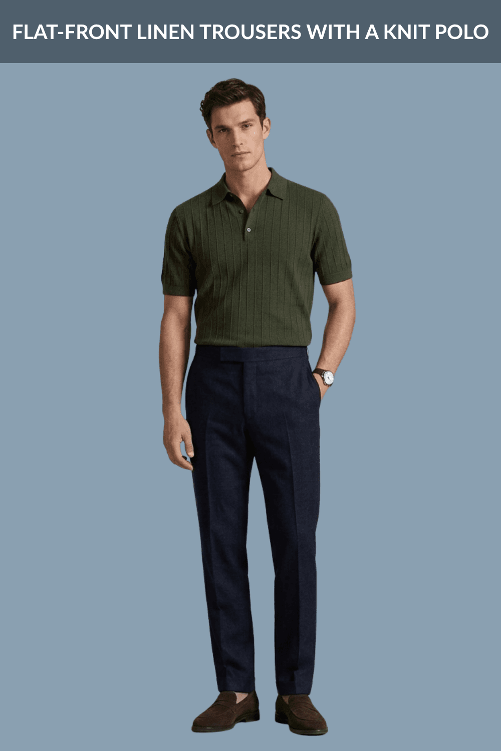 Flat-Front Linen Trousers with a Knit Polo