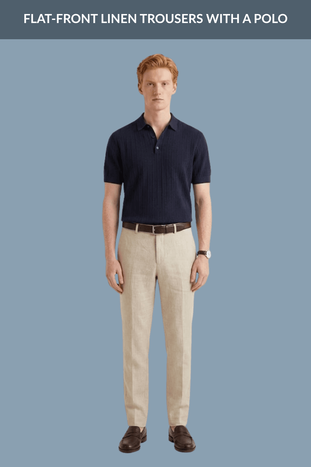 Flat-Front Linen Trousers with a Polo