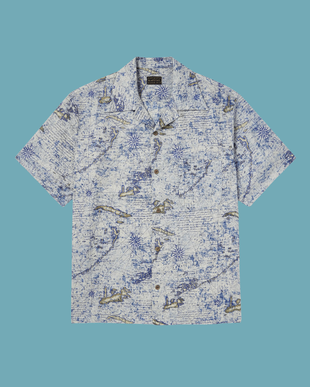 KAPITAL Key West Camp-Collar Printed Linen Shirt in Blue