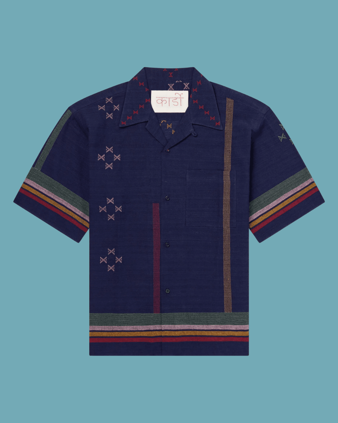 KARDO Rohit Camp-Collar Striped Cotton Shirt in Navy