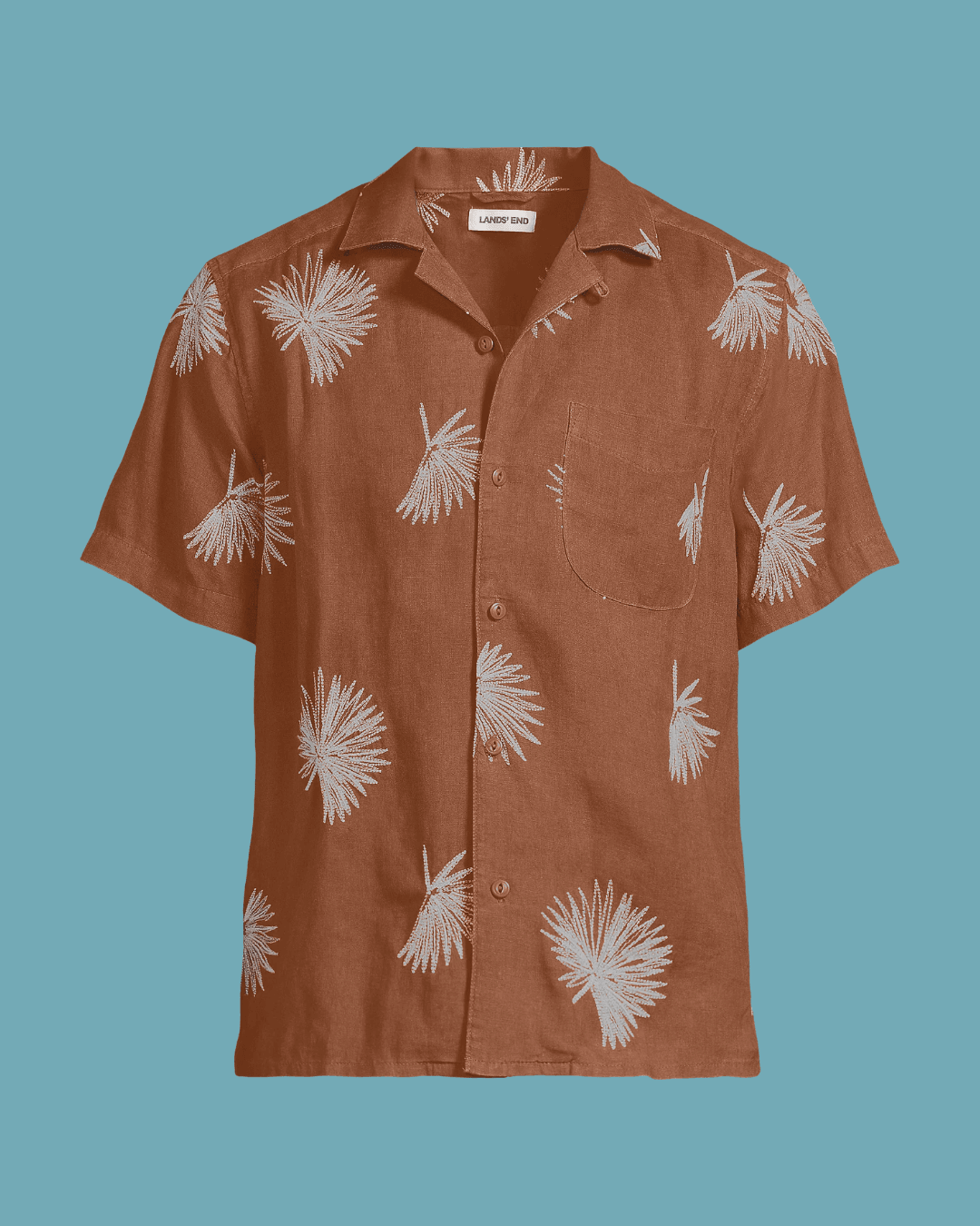 Lands' End Men's Short Sleeve Linen Hawaiian Camp Collar Shirt in Brown