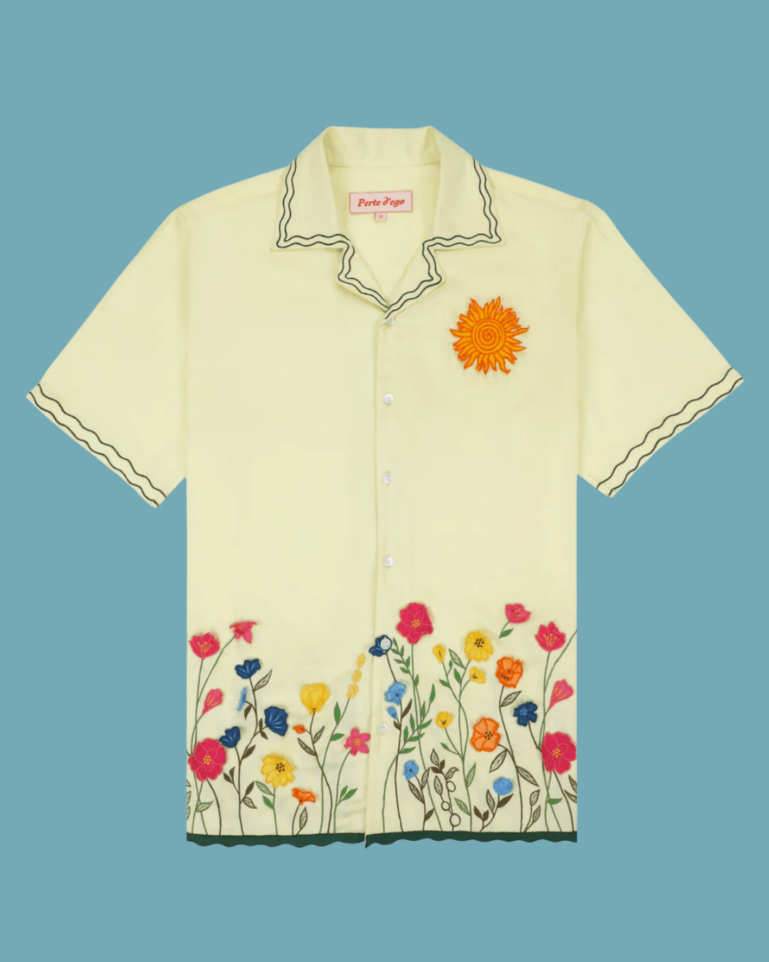 Perte d'ego Men's Half Sleeve Cuban Collar Shirt with Appliquã in Yellow