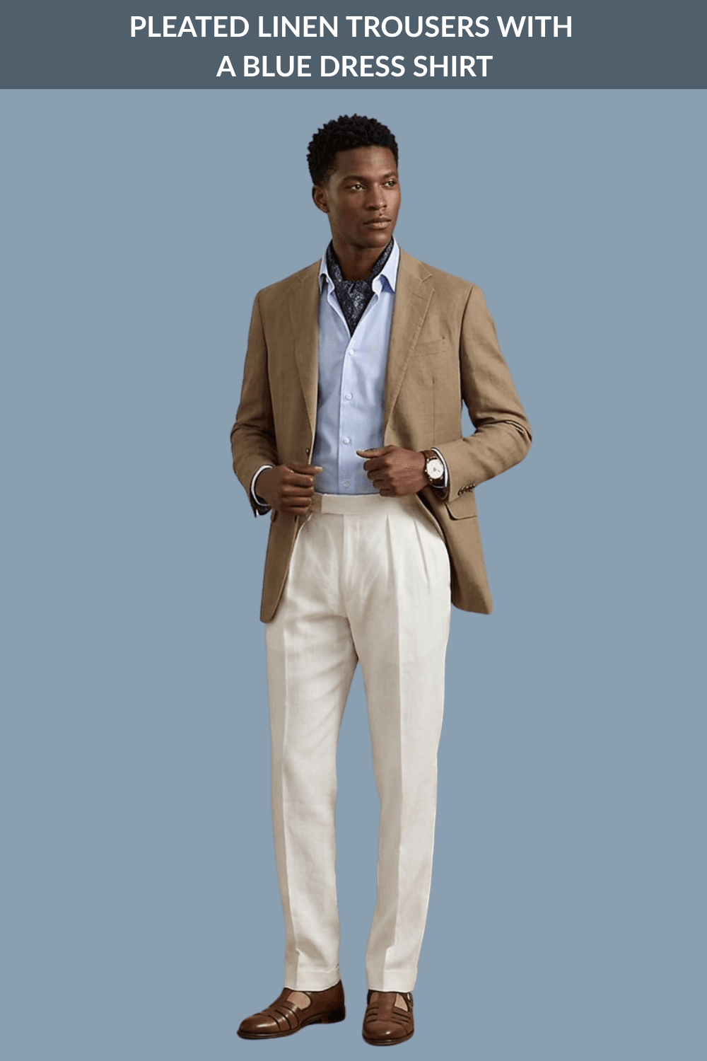 Pleated Linen Trousers with a Blue Dress Shirt