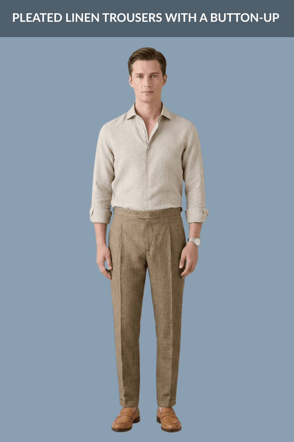 Pleated Linen Trousers with a Button-Up