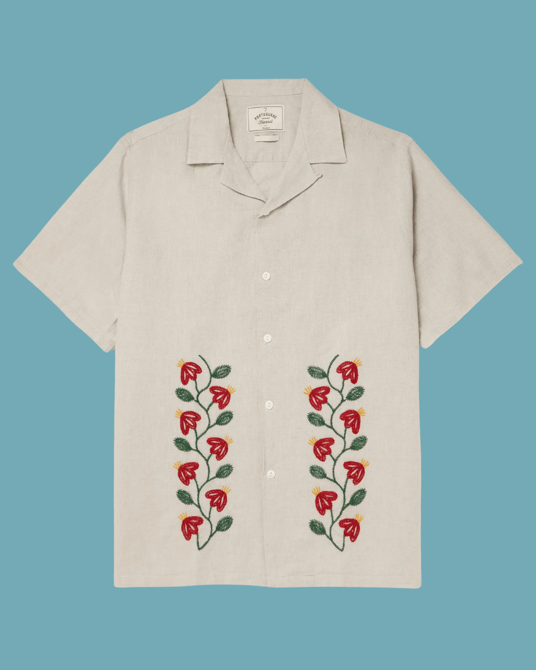 Portuguese Flannel Branch Convertible-Collar Embroidered Shirt in Stone