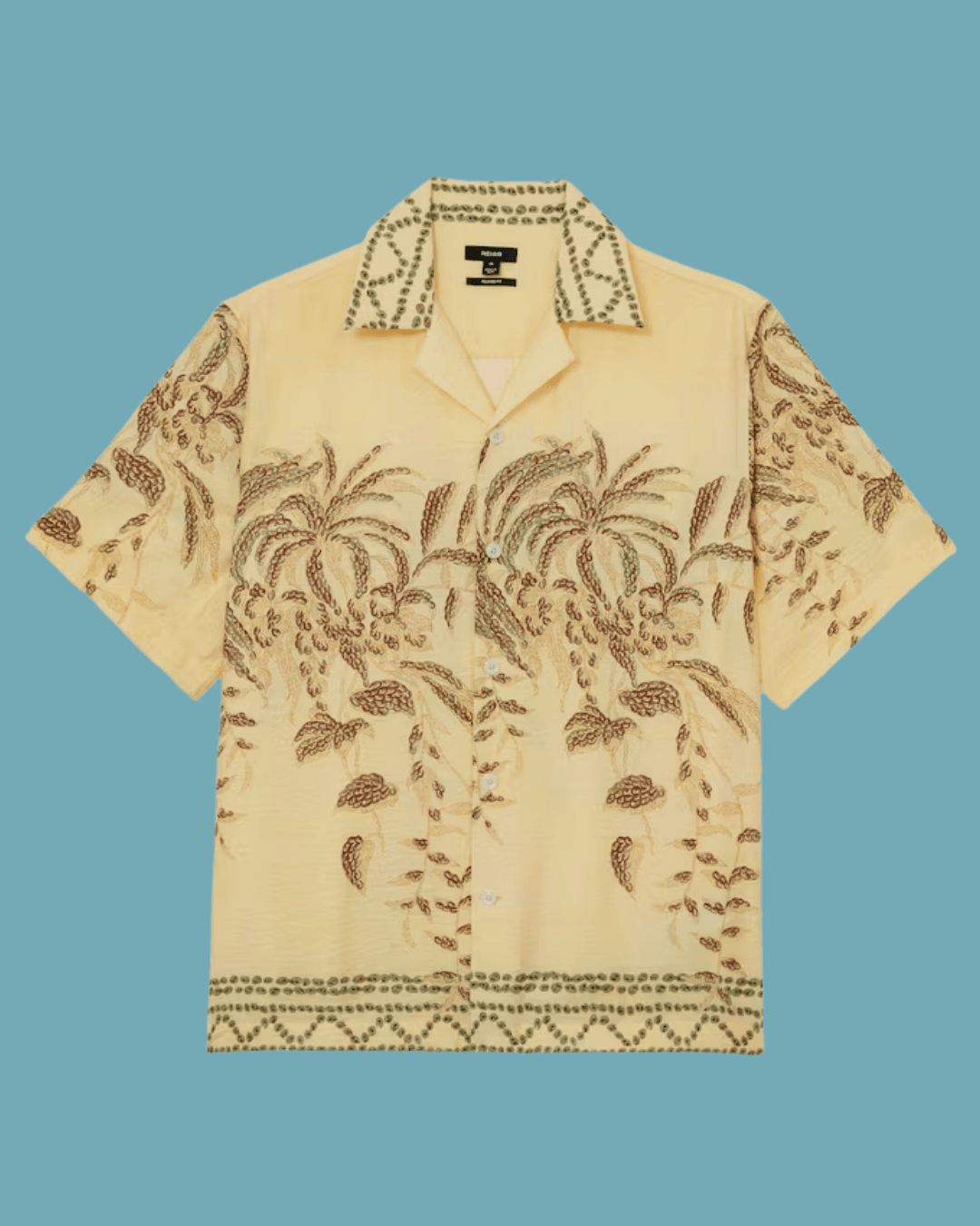 Reiss Camino Palm-Print Cuban-Collar Shirt in Yellow