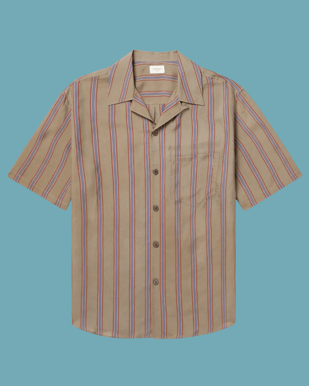 SAINT LAURENT Camp-Collar Logo-Embroidered Striped Twill Shirt in Brown