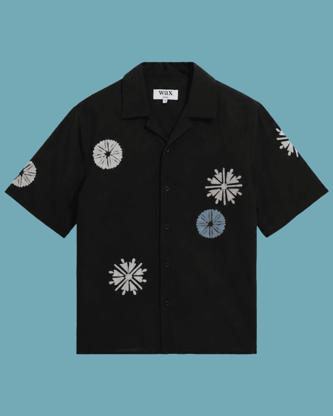Wax London Didcot Short-Sleeve Camp Shirt in Black and Multicolour Round Applique