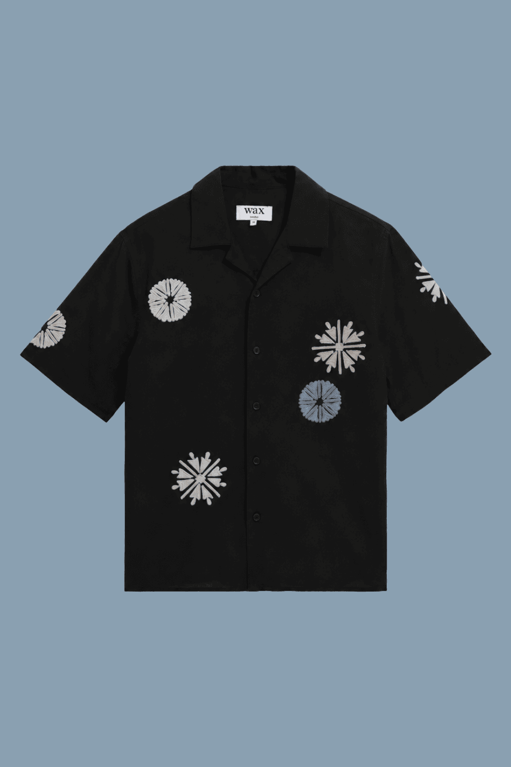 Wax London Didcot Short-Sleeve Camp Shirt in Black and Multicolour Round Applique