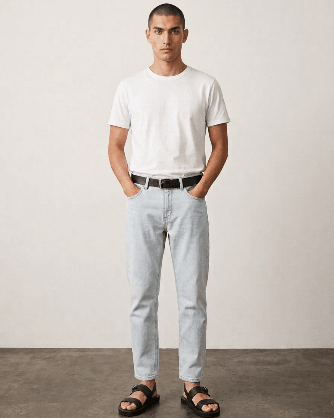 Man Wearing sandals with cropped jeans in a light wash