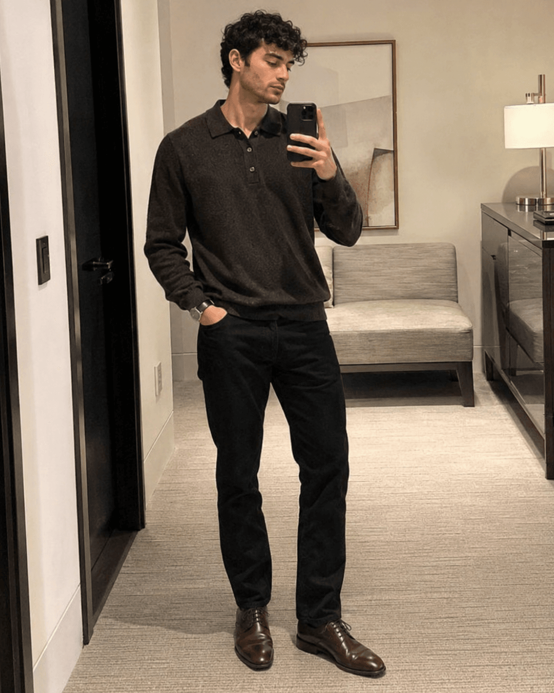 Man wearing Black Jeans with Burgundy Derby Shoes