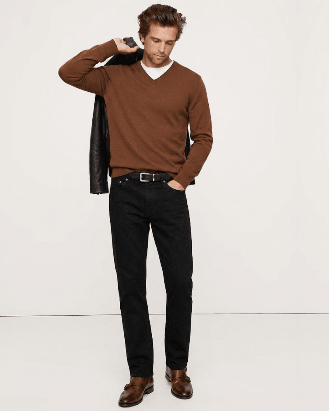 Men wearing Monk Strap Shoes with slim fit jeans in a dark wash