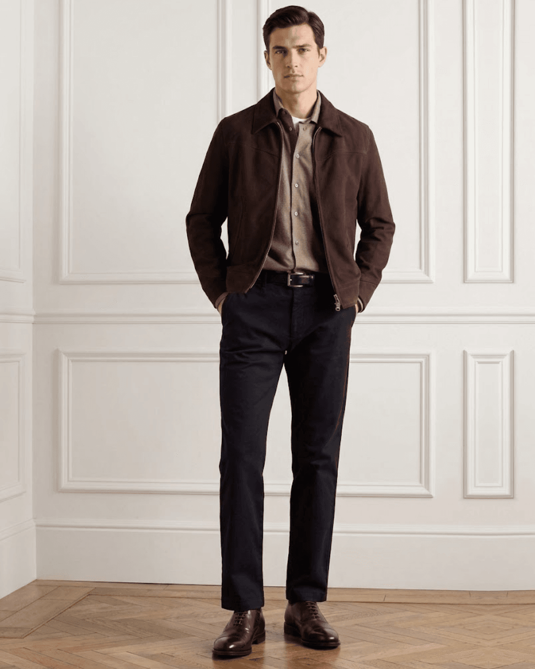 Oxford Shoes with dark blue or black unadorned denim with a clean finish and good fit like slim or straight-leg cuts