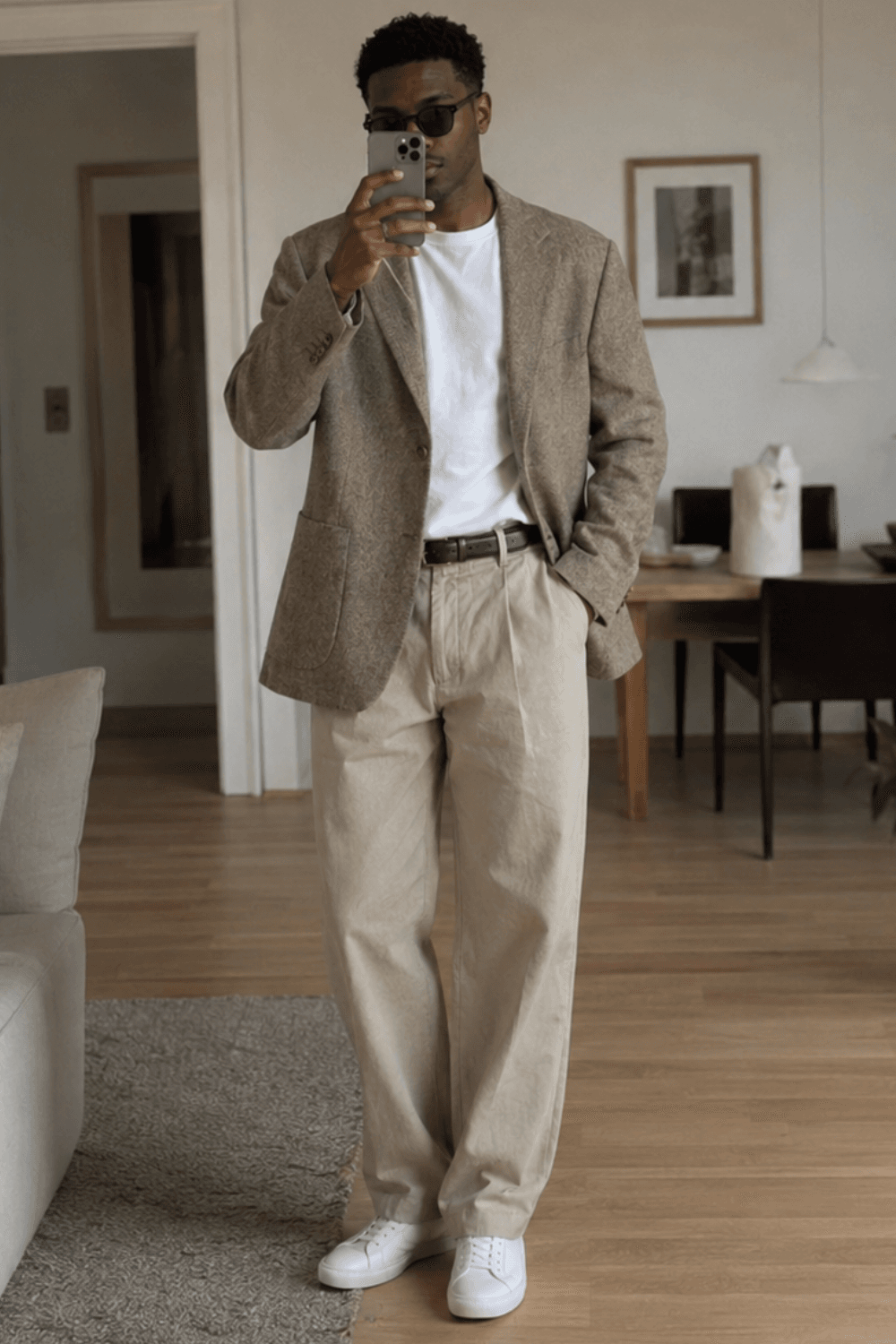 Smart Casual With Chinos - Chinos + T-shirt + Blazer + Minimalist Leather Sneakers